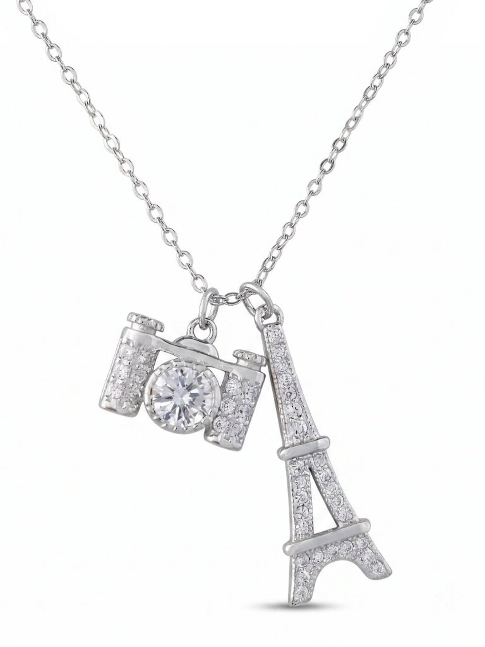 Paris Eiffel Tower and Camera Necklace, 925 Sterling Silver